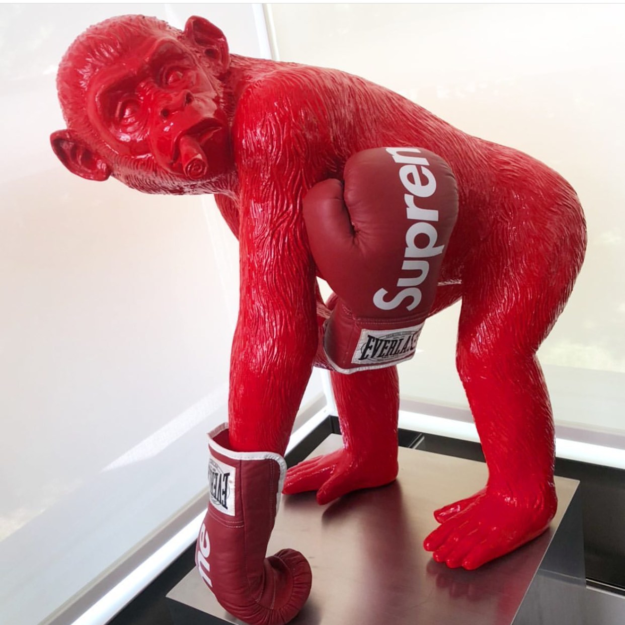 Smoking monkey with boxing gloves all red fiberglass statue