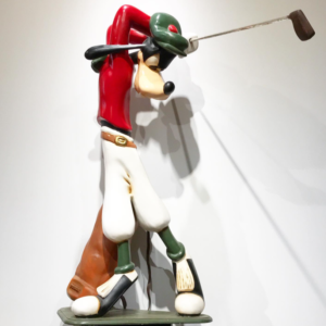 Animated character Goofy fiberglass sculpture playing golf pose