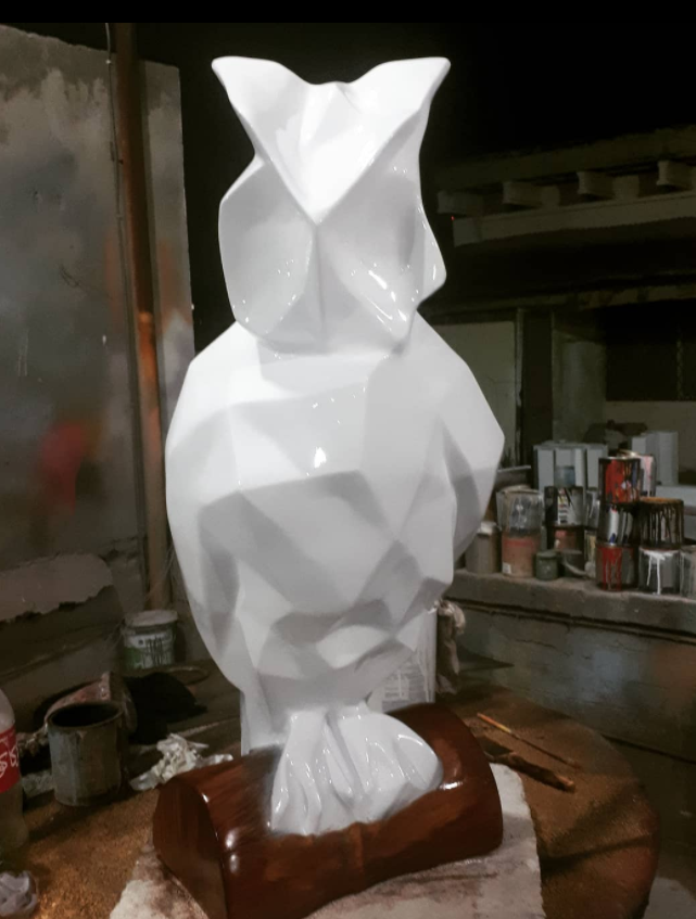 Geometric Owl Fiberglass Sculpture Life Size White upholstery