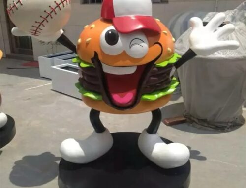 Hamburger and baseball cartoon characters fiberglass statues outdoor display