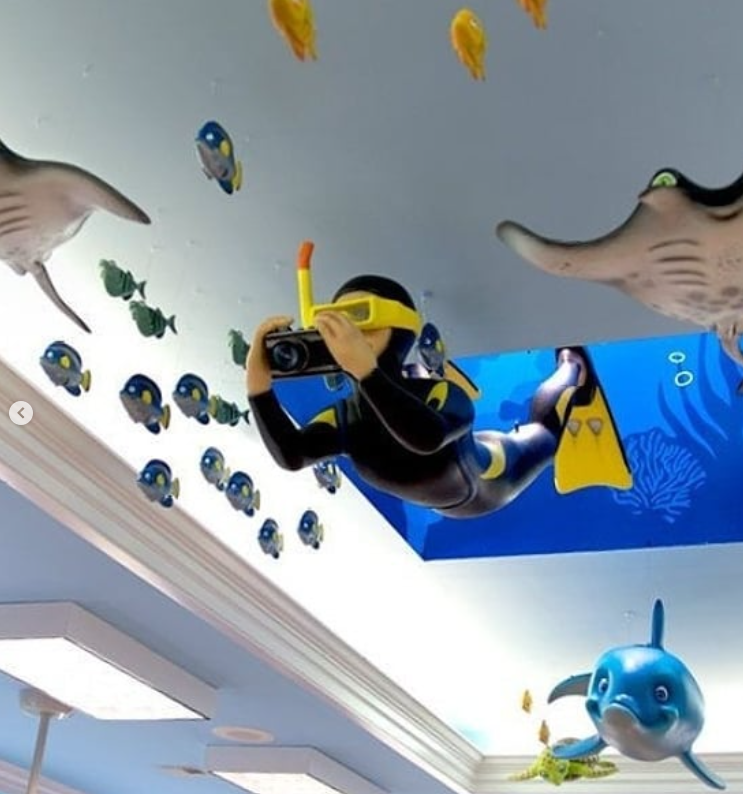Marine style Shark fiberglass sculpture life-size diver indoor design 
