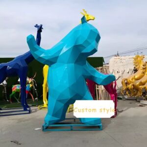 Modern element colorful blue outdoor Decoration Modern Art Abstract Fiberglass Geometric Animal Life Size Bear Statue 1
