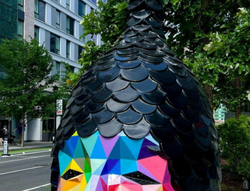 Mosaic figure head fiberglass sculpture outdoor setting
