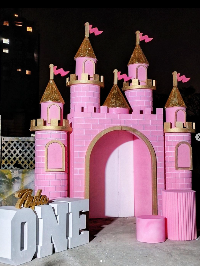 Pink castle fiberglass sculpture Scene layout art