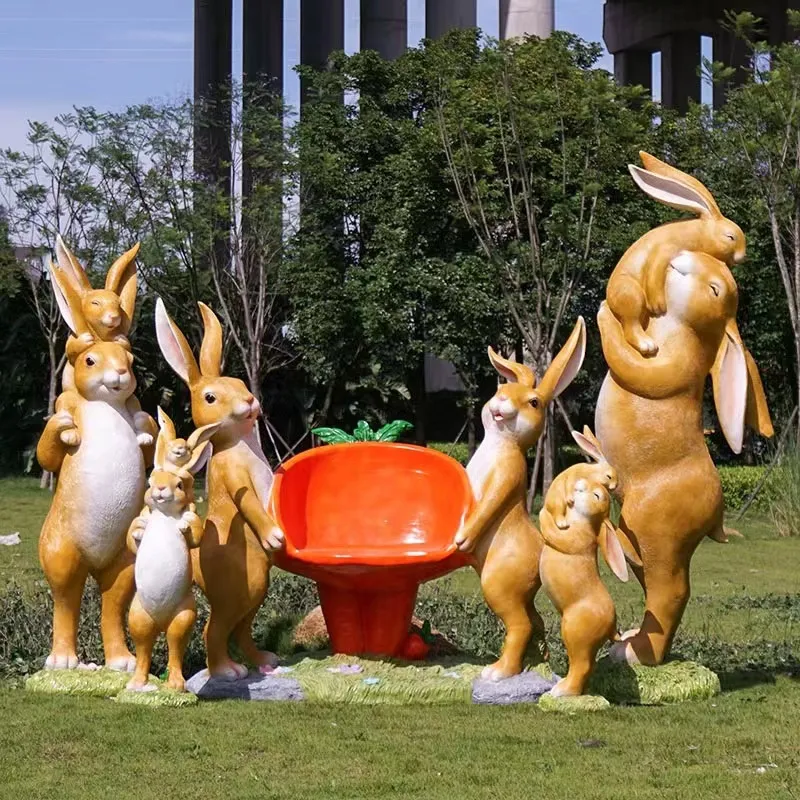 Rabbit Family fiberglass sculpture pull radish lawn decoration chair