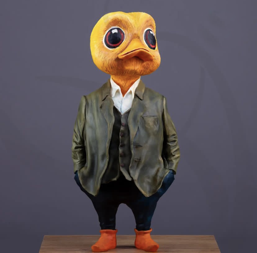 The resin duck sculpture wears a suit life size animal art style
