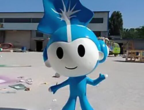 Outdoor fiberglass sculpture blue spirit mascot design
