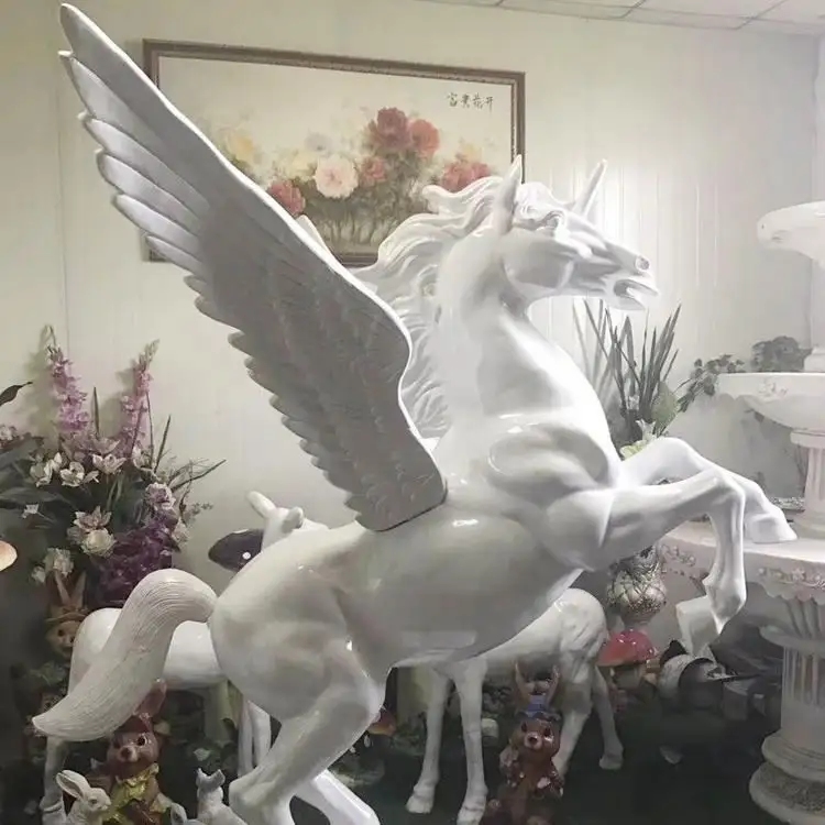 Hot sale Beautiful Life size outdoor fiberglass white running horse statue with wings (2)