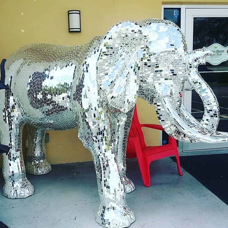 Silver Garden decoration Life size Mirrored fiberglass mosaic Baby Elephant sculpture (4)