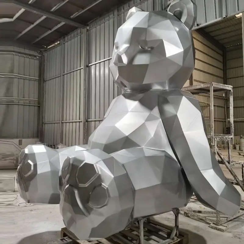 high quality Large size silver geometry Bear fiberglass sculptures for modern space decoration (1)