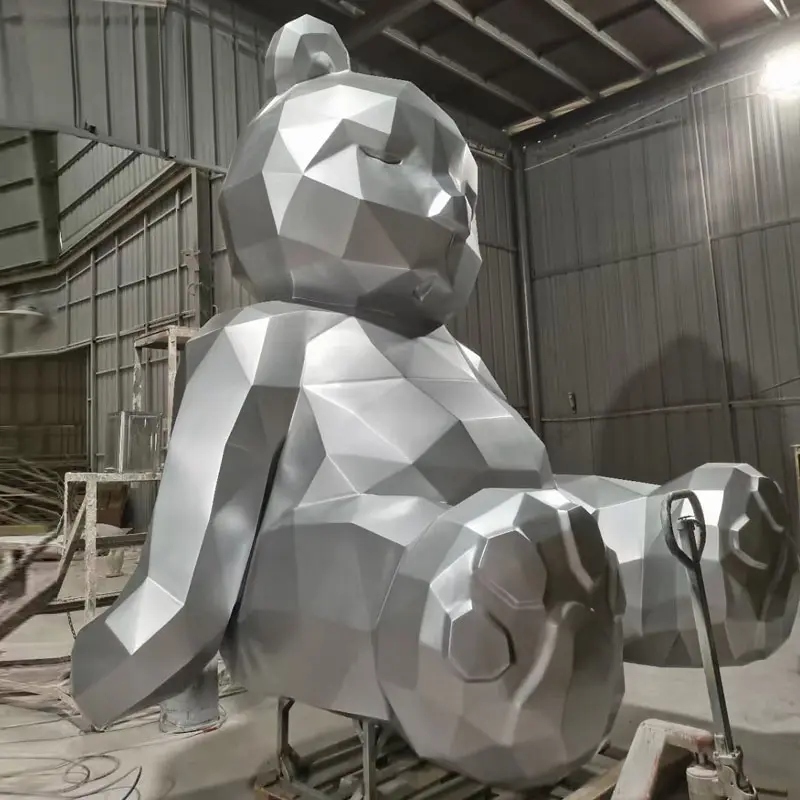 high quality Large size silver geometry Bear fiberglass sculptures for modern space decoration (2)